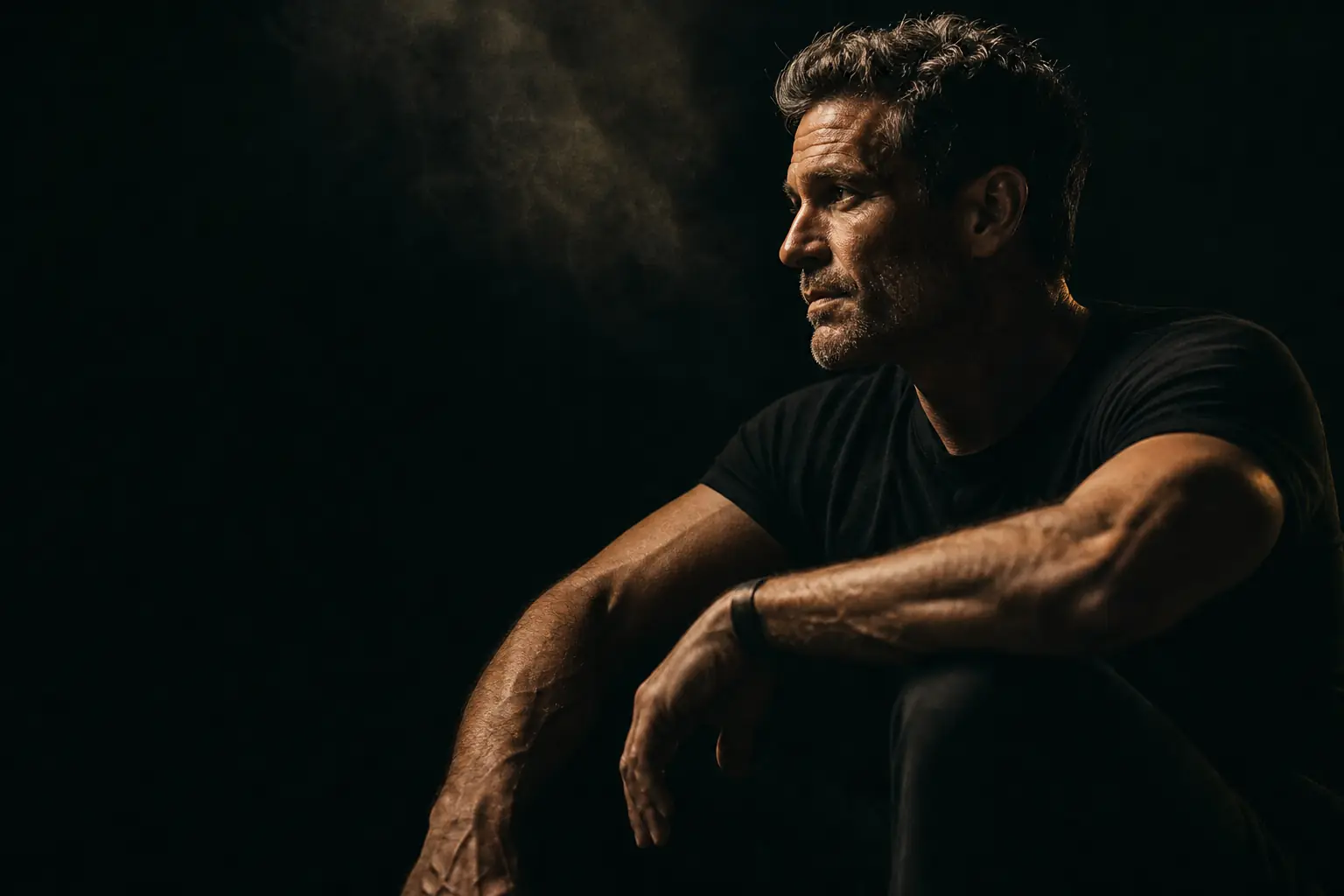Athletic man in cinematic dark lighting with gold tones