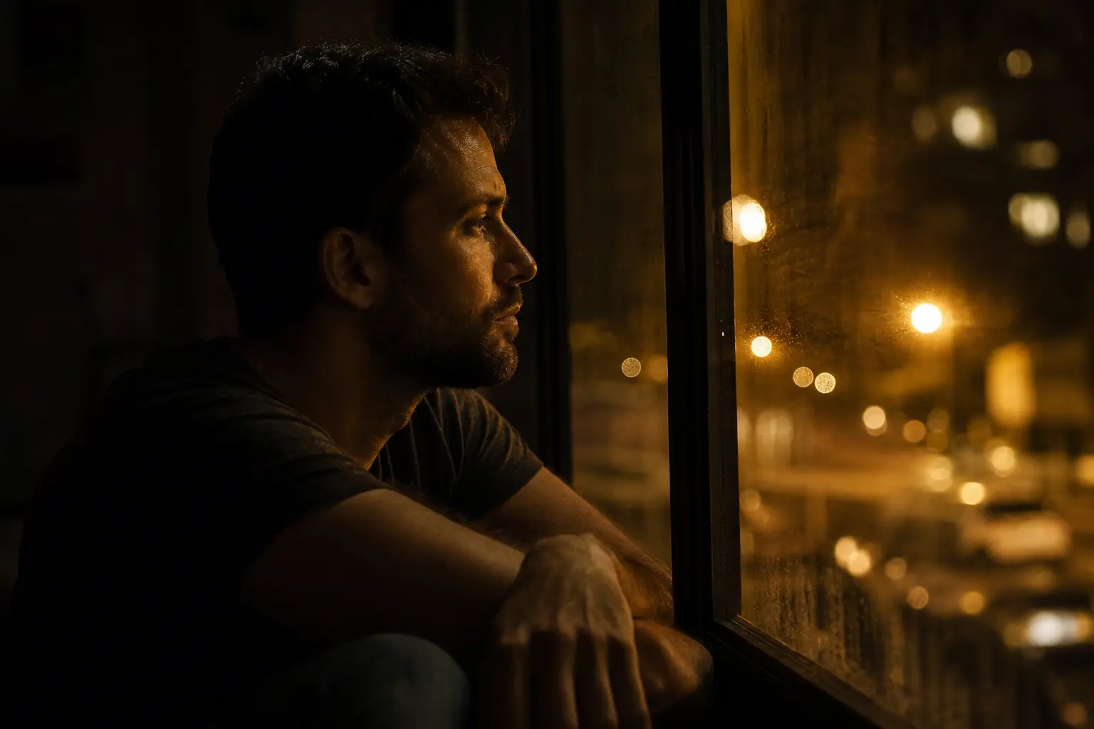 Man staring out window at night, contemplative