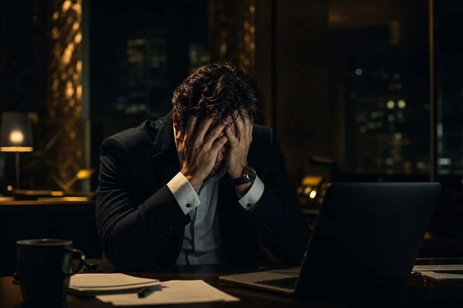 Exhausted man at desk, cinematic dark lighting