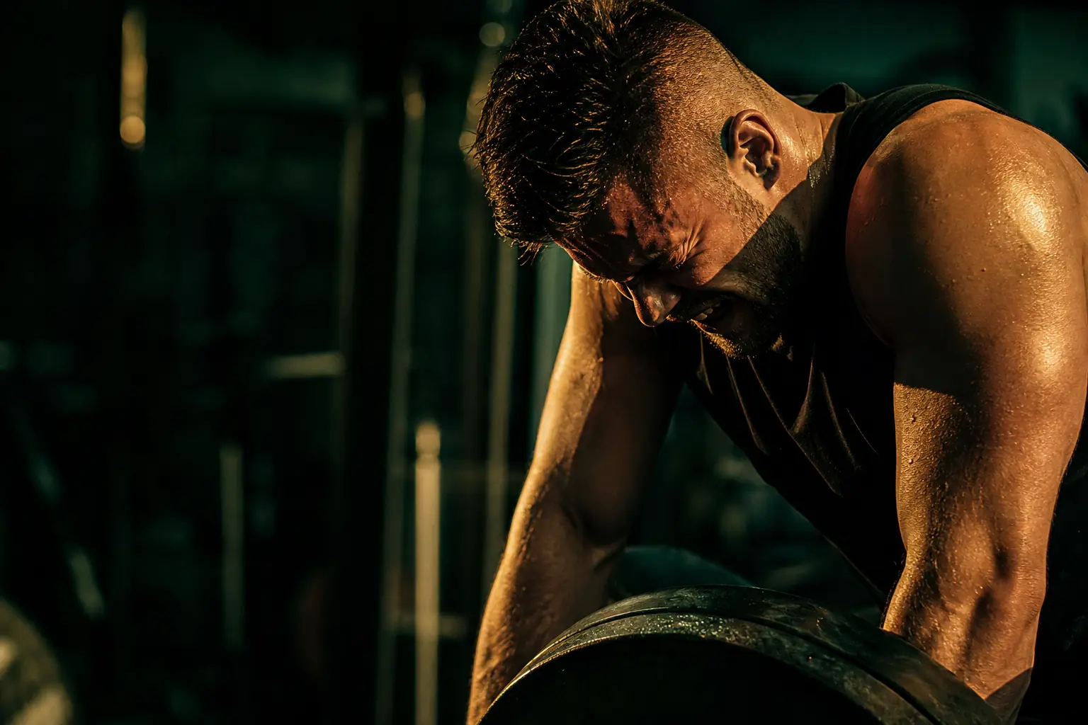 Man struggling during workout, moody atmosphere