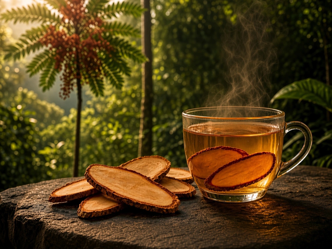 A glass cup of Red Tongkat Ali tea beside dried root slices in a Malaysian rainforest setting